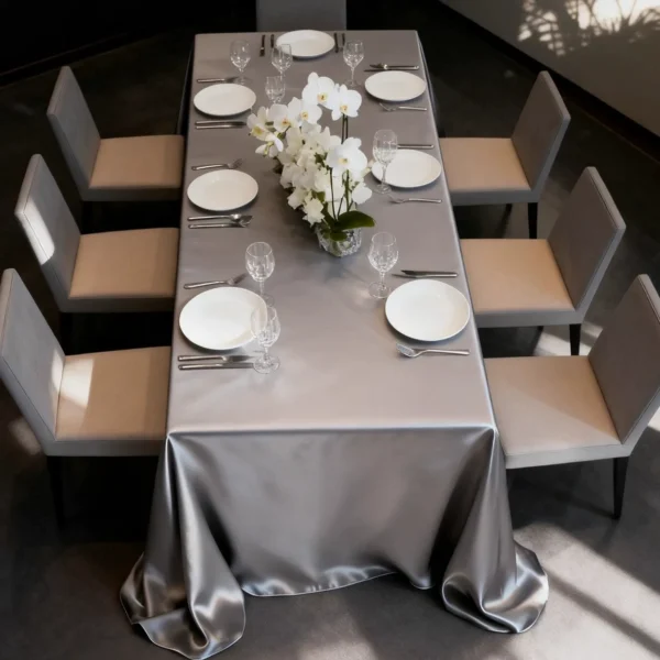 gray satin tablecloth (1) Elegant Gray Satin Rectangular Tablecloth – Thickened High-Density Polyester