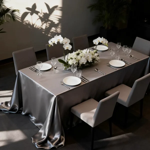 gray satin tablecloth (2) Elegant Gray Satin Rectangular Tablecloth – Thickened High-Density Polyester