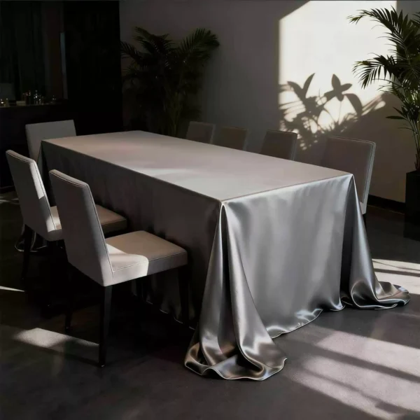 gray satin tablecloth (3) Elegant Gray Satin Rectangular Tablecloth – Thickened High-Density Polyester