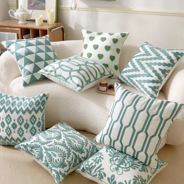 green cotton cushion (21) Green geometric embroidered cotton cushion cover 45x45cm