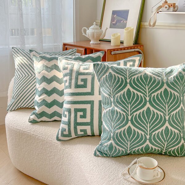 green cotton cushion (23) Green geometric embroidered cotton cushion cover 45x45cm