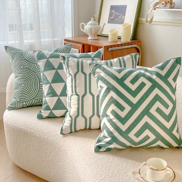 green cotton cushion (24) Green geometric embroidered cotton cushion cover 45x45cm