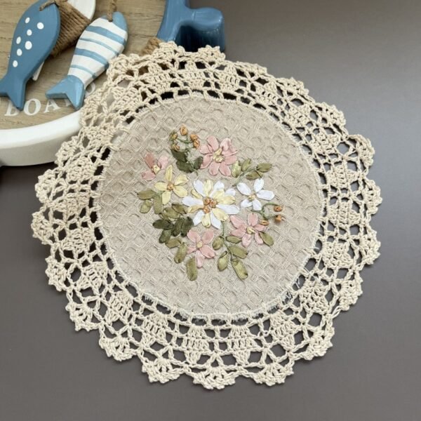 Handmade ribbon embroidered crochet placemat 22cm deep beige