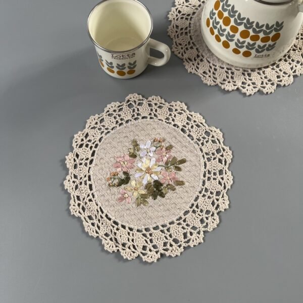 Handmade ribbon embroidered crochet placemat 22cm deep beige