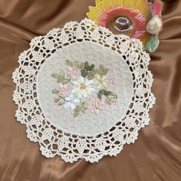Handmade ribbon embroidered crochet placemat 22cm deep beige