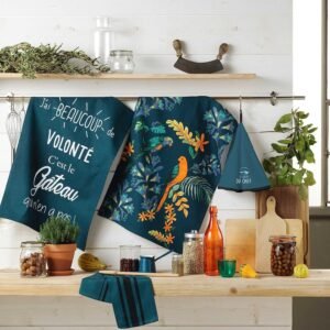 Navy Blue Printed Cotton-Linen Tea Towel