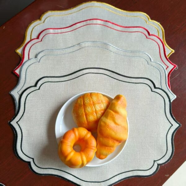 light beige linen embroidered placemat (6) Light beige linen embroidered placemat with cutwork