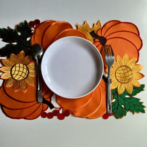 Orange pumpkin embroidered placemat for Thanksgiving