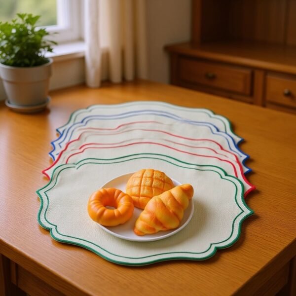 oval linen embroidered placemat (8) Oval beige linen embroidered placemat with cutwork