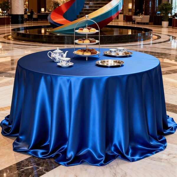 Deep Blue Luxury Satin Round Tablecloth – High-Density Polyester Fabric