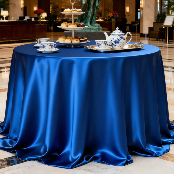 Deep Blue Luxury Satin Round Tablecloth – High-Density Polyester Fabric