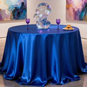 Deep Blue Luxury Satin Round Tablecloth – High-Density Polyester Fabric