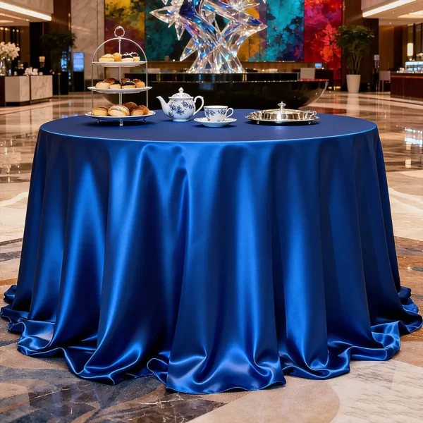 Deep Blue Luxury Satin Round Tablecloth – High-Density Polyester Fabric