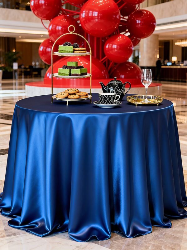 Deep Blue Luxury Satin Round Tablecloth – High-Density Polyester Fabric