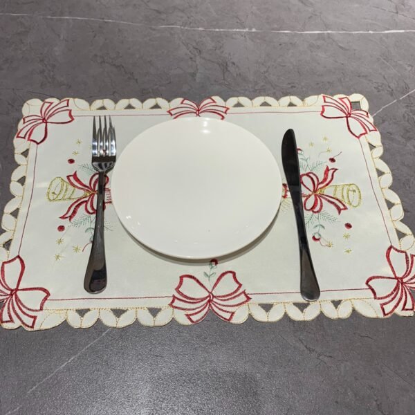 white Christmas bell embroidered placemat (2) White embroidered placemat with candle and bell