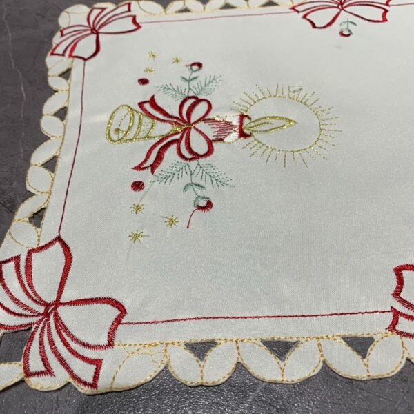 white Christmas bell embroidered placemat (5) White embroidered placemat with candle and bell
