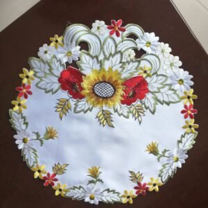 White sunflower embroidered round placemat