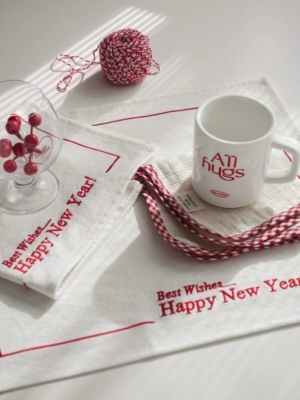wholesale napkin (1) White Embroidered “HAPPY NEW YEAR” Cotton Napkin