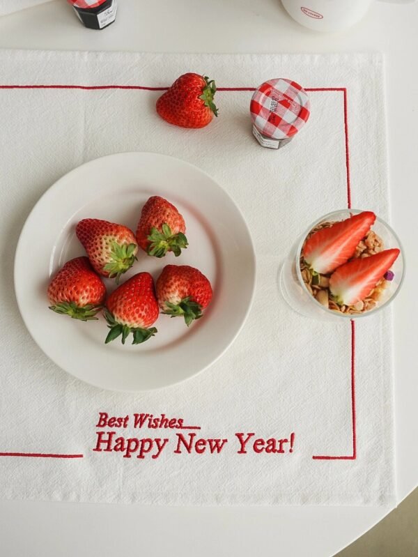 wholesale napkin (2) White Embroidered “HAPPY NEW YEAR” Cotton Napkin