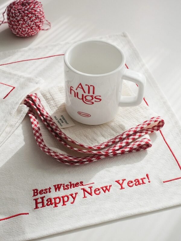 wholesale napkin (3) White Embroidered “HAPPY NEW YEAR” Cotton Napkin