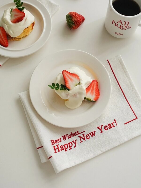 wholesale napkin (5) White Embroidered “HAPPY NEW YEAR” Cotton Napkin