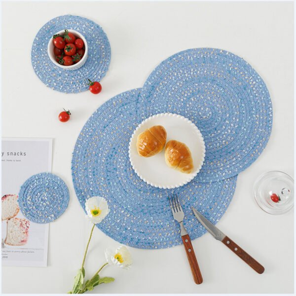 woven round dining mat (4) Colorful woven cotton yarn round placemat 30cm blue