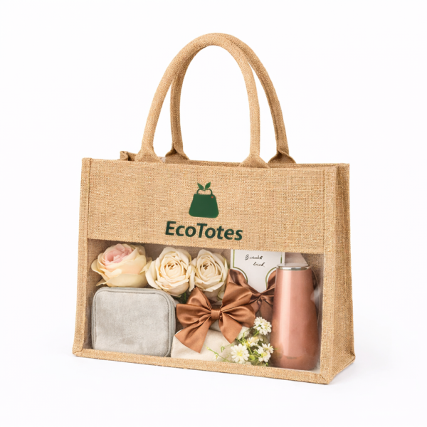 burlap tote bag with clear display window wholesale
