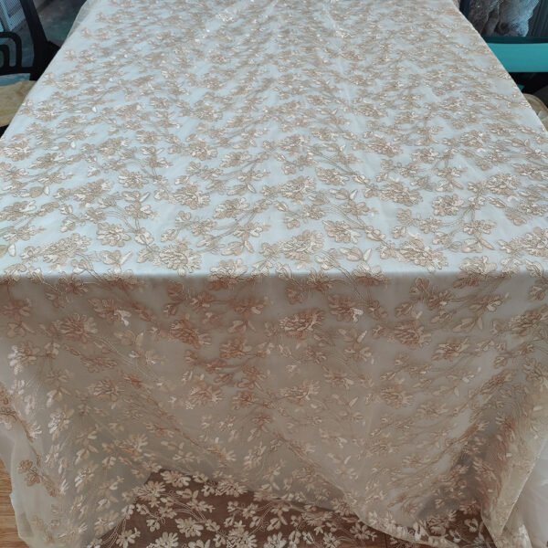 champagne gold tablecloth (4) Champagne Gold Floral Vine Embroidered Tulle Tablecloth for Luxury Events – ER036