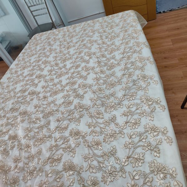 champagne gold tablecloth (5) Champagne Gold Floral Vine Embroidered Tulle Tablecloth for Luxury Events – ER036
