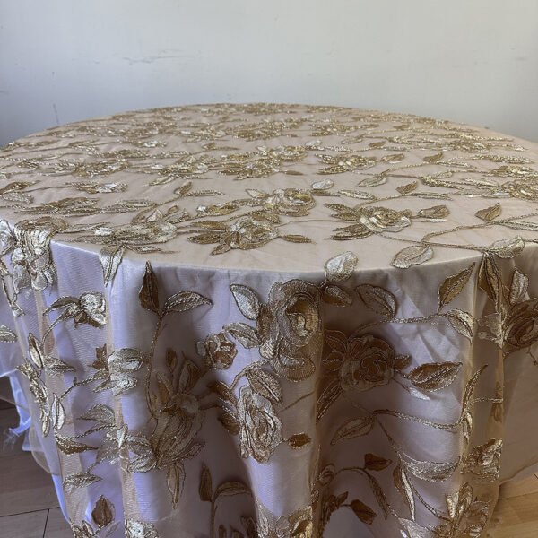 gold embroidered tulle tablecloth (2) Gold Rose Branch Embroidered Tulle Tablecloth for French Wedding – ER061