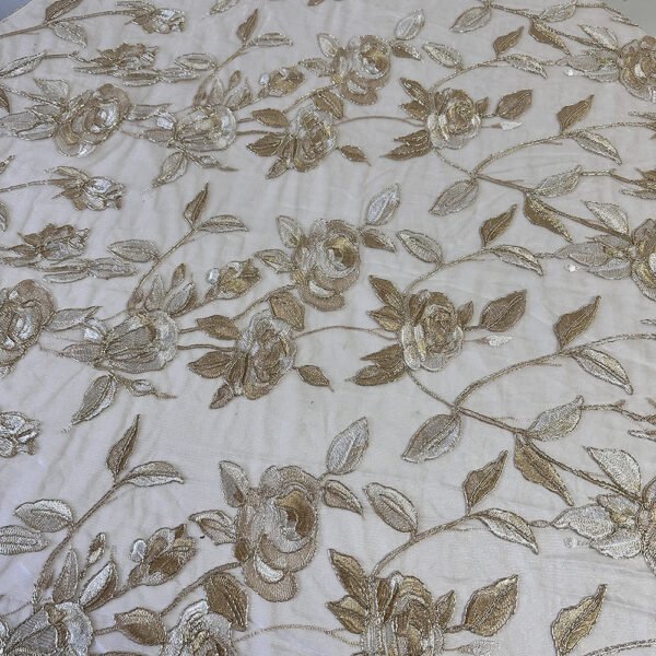 gold embroidered tulle tablecloth (3) Gold Rose Branch Embroidered Tulle Tablecloth for French Wedding – ER061
