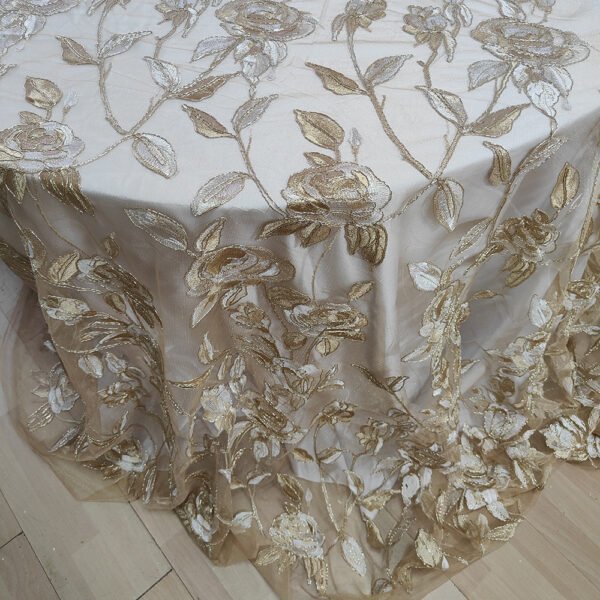gold embroidered tulle tablecloth (4) Gold Rose Branch Embroidered Tulle Tablecloth for French Wedding – ER061