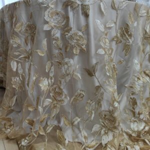 Gold Rose Branch Embroidered Tulle Tablecloth for French Wedding – ER061