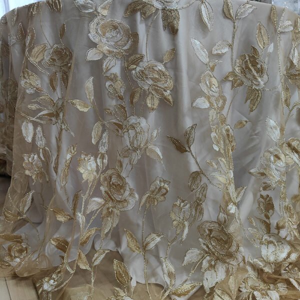 gold embroidered tulle tablecloth (5) Gold Rose Branch Embroidered Tulle Tablecloth for French Wedding – ER061