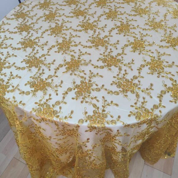 gold floral tablecloth, (4) Gold Sequin Floral Vine Embroidered Tulle Tablecloth for Wedding – ER039