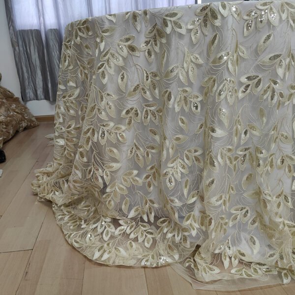 Gold Sequin Leaf Vine Embroidered Tulle Tablecloth for Luxury Banquets – ER067