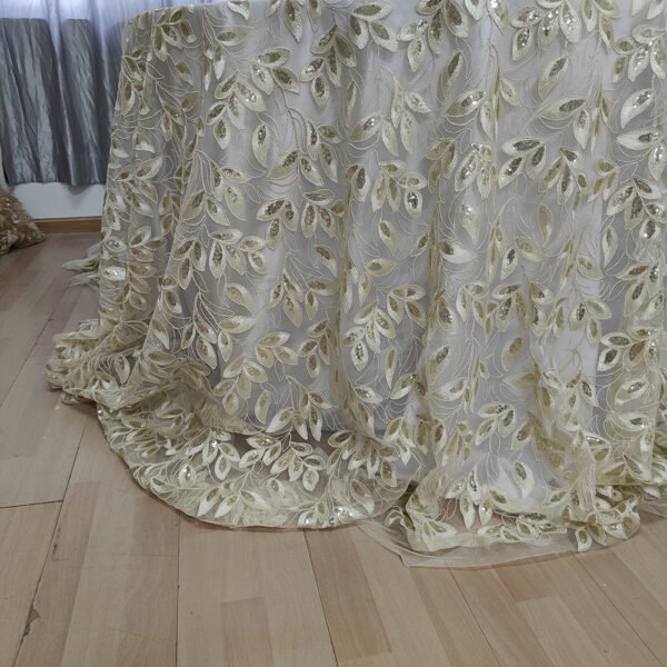 Gold Sequin Leaf Vine Embroidered Tulle Tablecloth for Luxury Banquets – ER067