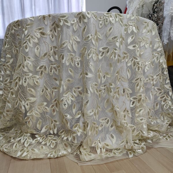 Gold Sequin Leaf Vine Embroidered Tulle Tablecloth for Luxury Banquets – ER067