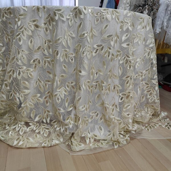 Gold Sequin Leaf Vine Embroidered Tulle Tablecloth for Luxury Banquets – ER067