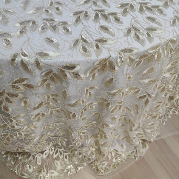 Gold Sequin Leaf Vine Embroidered Tulle Tablecloth for Luxury Banquets – ER067
