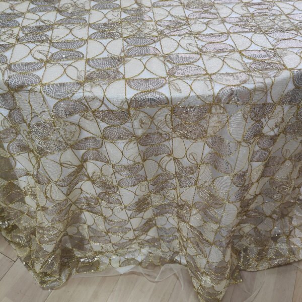 gold sequin tablecloth (1) Gold Sequin Geometric Fan Pattern Embroidered Tulle Tablecloth – ER038