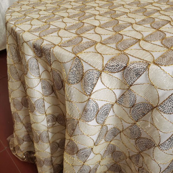gold sequin tablecloth (3) Gold Sequin Geometric Fan Pattern Embroidered Tulle Tablecloth – ER038