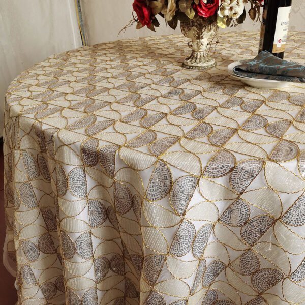 gold sequin tablecloth (5) Gold Sequin Geometric Fan Pattern Embroidered Tulle Tablecloth – ER038
