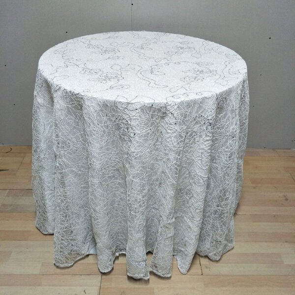 grey embroidered tablecloth (1) Light Grey Silver Vine Embroidered Tulle Tablecloth for High-End Banquets – ER001