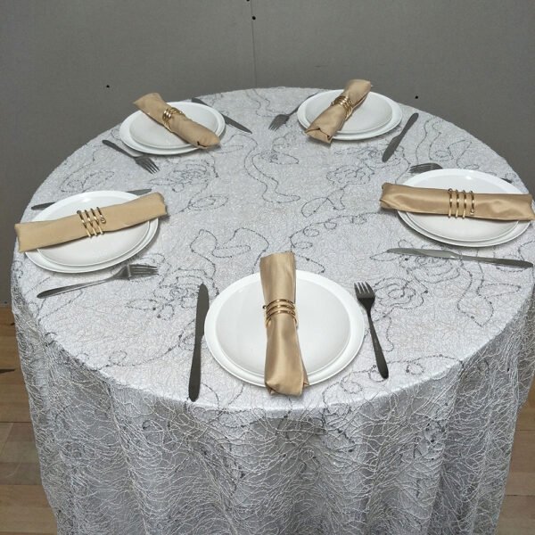 grey embroidered tablecloth (3) Light Grey Silver Vine Embroidered Tulle Tablecloth for High-End Banquets – ER001