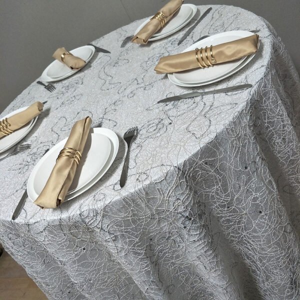 grey embroidered tablecloth (4) Light Grey Silver Vine Embroidered Tulle Tablecloth for High-End Banquets – ER001