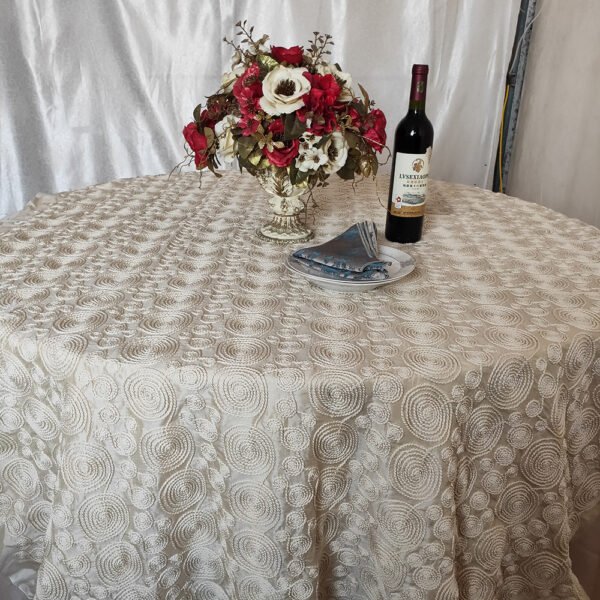 ivory embroidered tablecloth (1) Ivory Spiral Embroidered Tulle Tablecloth for Modern Luxury Events – ER042