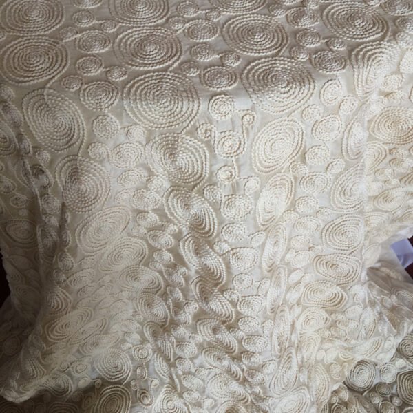 ivory embroidered tablecloth (3) Ivory Spiral Embroidered Tulle Tablecloth for Modern Luxury Events – ER042