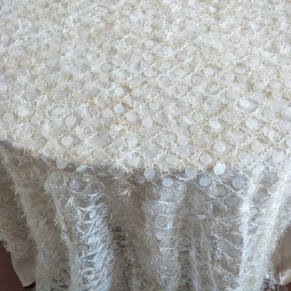 ivory embroidered tablecloth (3) Ivory Polka Dot Feather Embroidered Tulle Tablecloth for Luxury Events – ER033