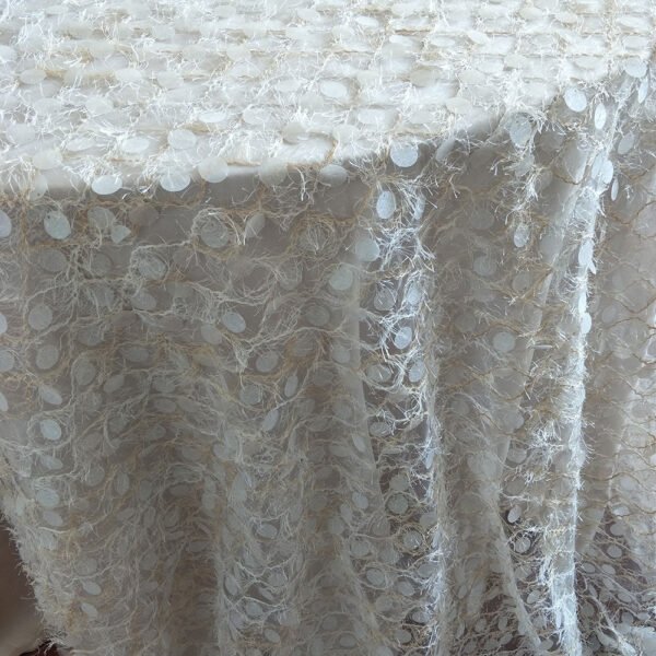 ivory embroidered tablecloth (5) Ivory Polka Dot Feather Embroidered Tulle Tablecloth for Luxury Events – ER033